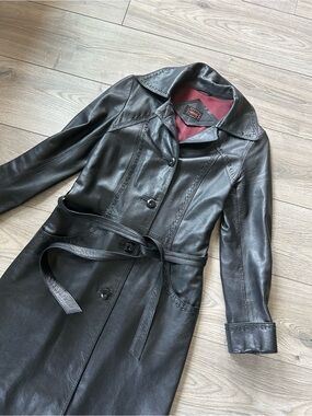 Vintage Black Leather Long Trench Coat Size 8